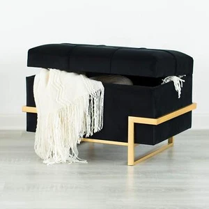 Rectangular Velvet Storage Ottoman with Gold Legs Black - Picture 1 of 9