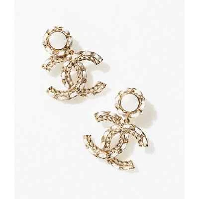 Chanel 22S XL Cuero Blanco Oro Logo CC Cadena Cuelga Pendientes Colgantes Foto 1 de 4