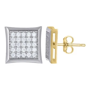 10kt Two-Tone Gold Mens CZ Cubic Zirconia 10mm Square Cluster Stud Earrings - Picture 1 of 2