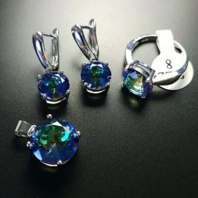 10mm Round Blue Mystic Topaz Gemstone Women Silver Earring Ring Necklace Set - Image 1 of 4