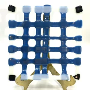 Schmelzglas blau & weiß kariert Teller mit lila dichroitischen Ecken 8,25" K300 - Bild 1 von 8