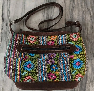 Guatemalan HUIPIL Tapestry Crossbody Bag Woven Floral Boho Suede Leather? Trim - Image 1 of 4