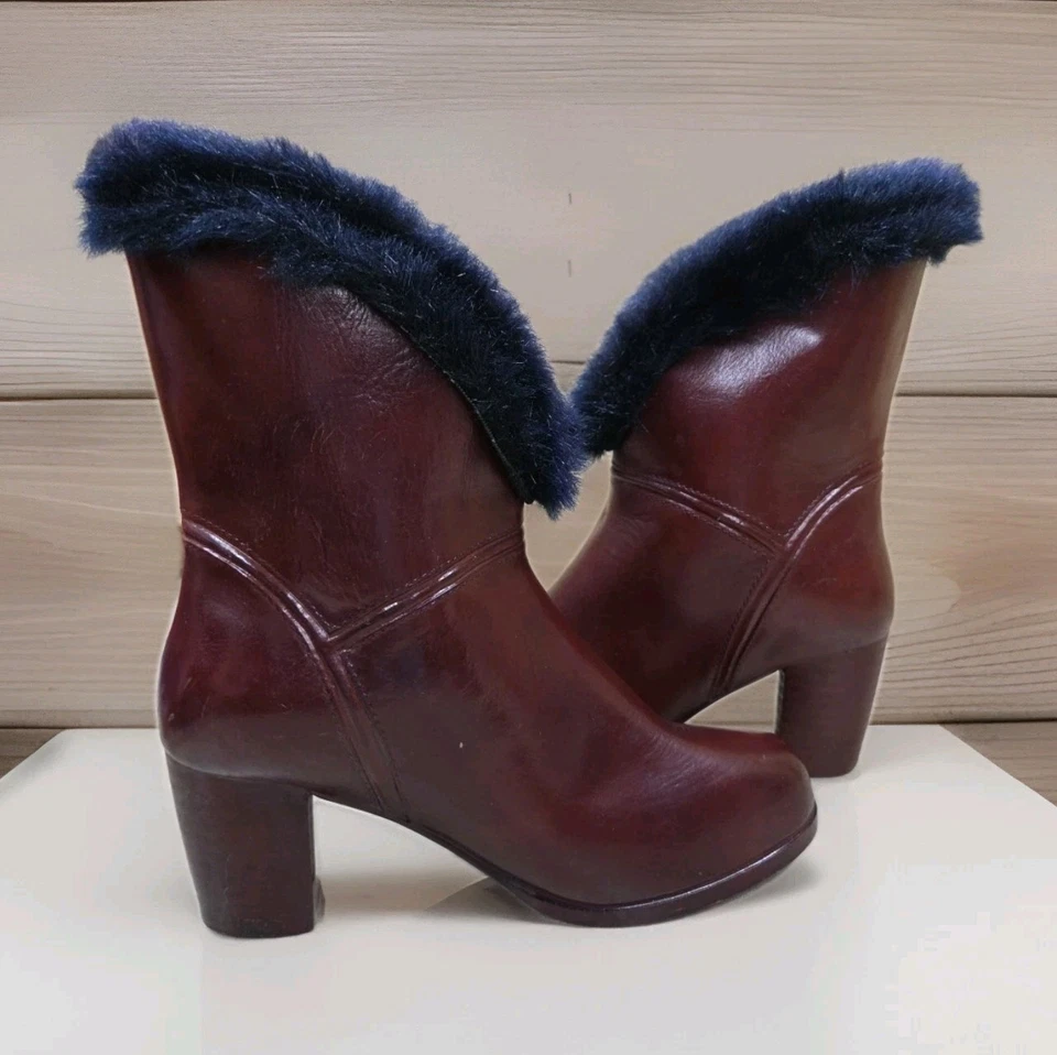 Бургундские ботинки искусственного меха отделки блок каблук зимние модные размер 7 - Изображение 1 из 4