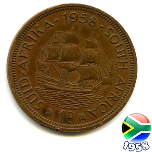 A SOUTH AFRICA 1958 ELIZABETH II PENNY 1d coin, 67 Years Old! (Re: 1958_24/5) - Picture 1 of 2