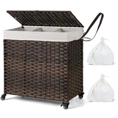 Laundry Hamper w/Wheels & Lid, 125L 3-Section Clothes Hamper w/2 Liner Bags - Image 1 of 4