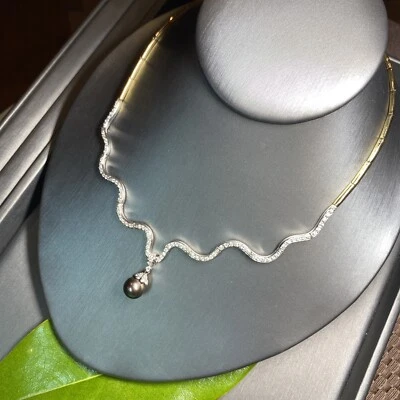 Collar serpenteante de perlas de Tahití pavo real de diamantes de oro amarillo blanco de 14 K Foto 1 de 4