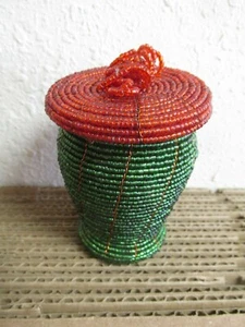 Red and Green beaded 3 1/2 inch jar on wooden base collectable unique - Picture 1 of 4
