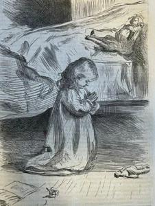1864 Vintage Zeitschrift Illustration Mädchen betet am Bett - Bild 1 von 2