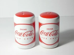 DRINK COCA-COLA ICE COLD STONEWARE RED WHITE SALT & PEPPER SHAKER SET - Picture 1 of 9