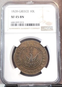 1828 GREECE 10 LEPTA PHOENIX RISING NGC XF 45 BN EXTREMELY RARE HIGH GRADE COIN - Picture 1 of 3