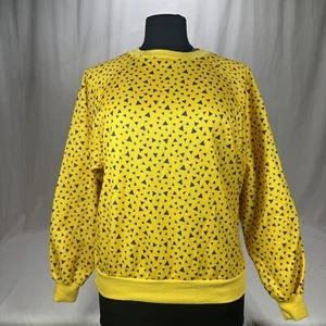 Vintage 80s Yellow Sweatshirt Blue Triangles Long Sleeve Retro Fashion Sz Small - Picture 1 of 12