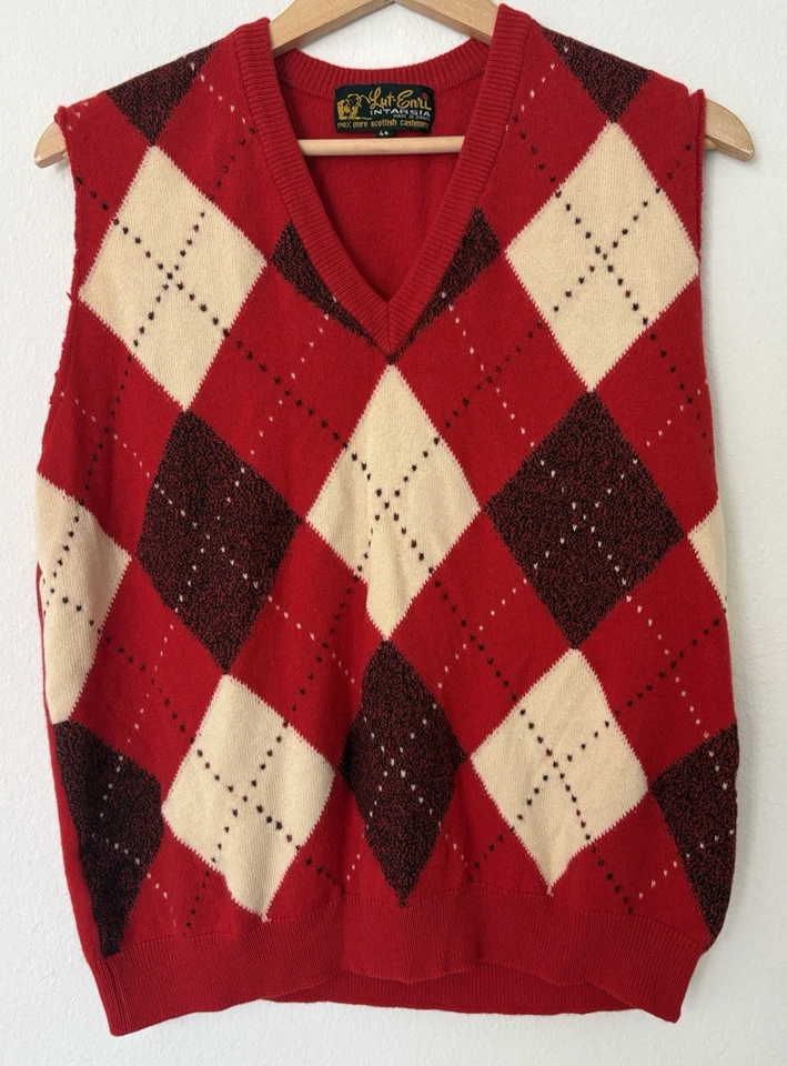 Vtg Lut-Enri Intarsia Pure Scottish Cashmere Sweater Vest 44 Argyle Red Golfcore - Image 1 of 4