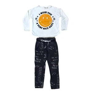 Zara Girl 2 Pc Set SMILEY FACE Tee & Cropped Joggers Sweatpants Sz 9 Year/134 Cm - Picture 1 of 13