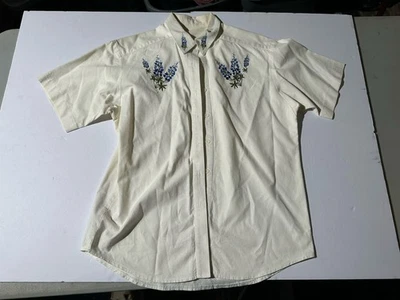Camisa bordada vintage EUA fivelas algodão floral estilo folclórico ocidental botão creme para cima - Imagem 1 de 4