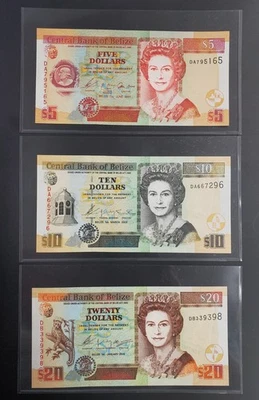 Juego de tres billetes de Belice 2003 $5, $10, $20 P-67a, P-68a, P-69a elección UNC Foto 1 de 2
