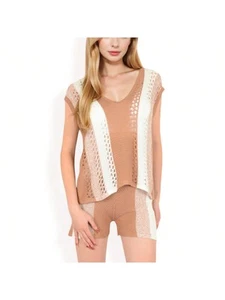 Women's Crochet Knit Two Piece Set With Striped Top And Shorts - Picture 1 of 9