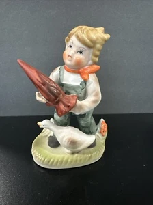 Vintage Japan Royal Crown Boy With Umbrella With Goose Figurine - Picture 1 of 3