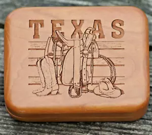 Texas USA Cowboy Theme Wood Hinged Trinket Box Vintage Laser Carved Lovely - Picture 1 of 10