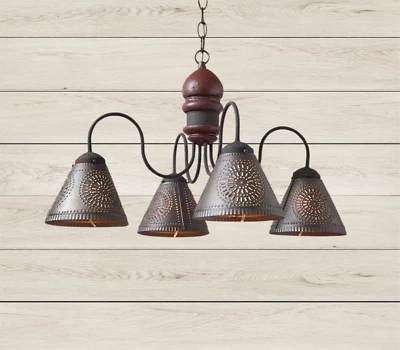 Primitive Style Wood & Punch Tin Chandelier With Textured Black/Red Finish 4 arm - Image 1 of 4