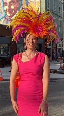 Beautiful Kentucky Derby Hat Giant Fascinator Hot Pink, Yellow & Orange - Image 1 of 4