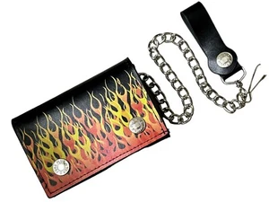 Motorcycle Men's Flames Tri-Fold Leather Biker Chain Wallet Black - Picture 1 of 3