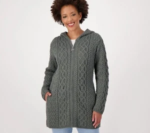 Aran Craft 100% Merino Wool Zip-Front Long Sweater Cardigan -Size Medium a587284 - Picture 1 of 4