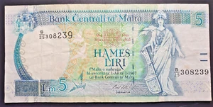 Malta banknote 5 liri 1967, seria B/25, B/27 - Picture 1 of 5