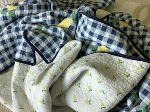 CROWN & IVY 89x85.5in Queen 3PC Set Blanket, Pillow Shams LEMONS Blue Checked, - Picture 1 of 24