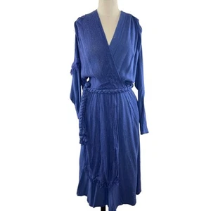 Vintage 1980 Barbara Barbara California Blue Long Sleeve Fringe Midi Dress 6 VTG - Picture 1 of 15