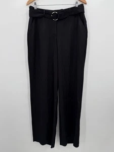 Express Editor Mid Rise Linen-Blend Belted Trouser Pants Women’s 10 Long Black - Picture 1 of 8