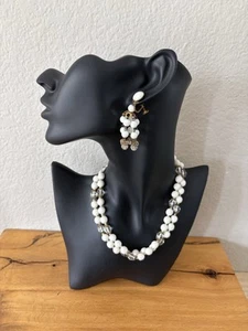 VTG WEST GERMANY Set of Necklace & Chandelier Earrings Milk Glass & Crystals - Picture 1 of 21