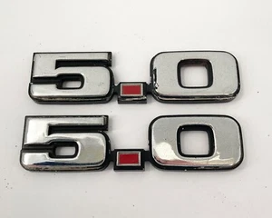 Vintage FORD 5.0 Emblem Chrome Red Dot Plastic Pair of 2 Badge - Picture 1 of 7