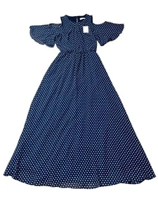 Calvin Klein Navy Polka Dot Cold Shoulder Ruffle Sleeve Tie Belted Maxi Dress 4 - Picture 1 of 9