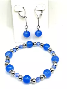 Blue Glass Beaded 2pc Set: Dangle Leverback Earrings & 7.5" Stretch Bracelet - Picture 1 of 3