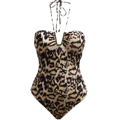 Rachel Roy Women Swimsuit Halter Open Back Metal V neck Detail Animal Print S - Image 1 of 4
