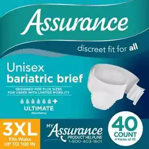 Assurance Unisex Maximum Incontinence Briefs with Tabs, Bariatric 40 Count - Picture 1 of 6