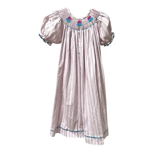 Castles & Crowns Smocked CupcakesBishop Dress Pink Blue Stripes Puff Sleeves 6X - Picture 1 of 5