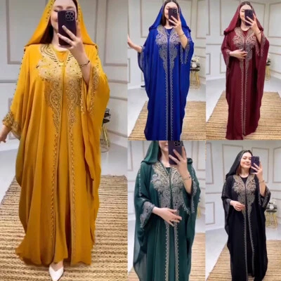Hooded Abaya Dubai Kaftan Women Muslim Maxi Dress African Dashiki Robe Ramadan - Image 1 of 4