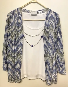 Alfred Dunner Top 3/4 Sleeve Layered White Blue Necklace Attached Size PL - Picture 1 of 15
