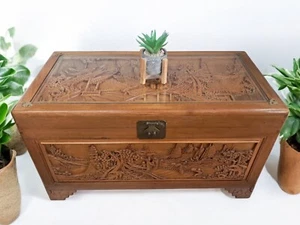 Vintage Chinese Carved Trunk Antique Camphorwood Large Chest Coffee Table 1950 - Picture 1 of 22