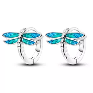 MULA Dragonfly Hoop Ohrringe Blaue Emaille CZ Für Frauen Schmuck 925 Versilbert - Bild 1 von 5