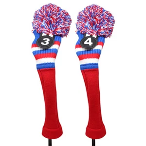 Majek Golf Red White Blue #3 & 4 Hybrid Headcovers Pom Pom Knit Classic Look - Picture 1 of 9