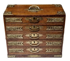 Antique 5-Drawer Tabletop Jewelry Chest Cabinet, Wood with Brass Handles w/ Key - Picture 1 of 9