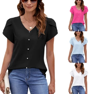 Ladies Fashion Summer Blouse Chiffon Shirt Tunic V neck Top Casual Solid T-shirt - Picture 1 of 10