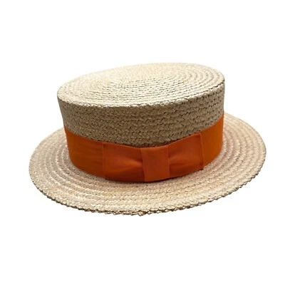 Vtg 30s 40s Ponte Rialto Italian Straw Boater Hat Orange Ribbon Band Sz 7 56 - Image 1 of 4