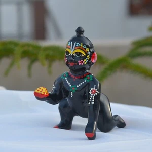 Ídolo Laddu Gopal de latón - Estatua negra pintada a mano de Bal Krishna para decoración de puja - Imagen 1 de 7