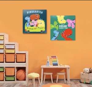 Kinderzimmer Kunstdrucke, Dinosaurier Wandkunst, Leinwanddruck, 18 Zoll x 18 Zoll, 2er-Set - Bild 1 von 6