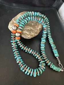 Blue Turquoise Navajo Sterling Silver Spiny Necklace 28” 14887 - Picture 1 of 13