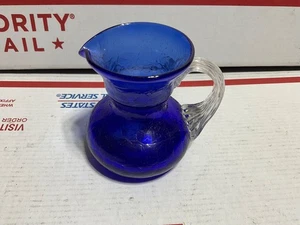 Vintage Pilgrim Glass Cobalt Blue Pitcher with Clear Ribbed Applied Handle - Picture 1 of 7