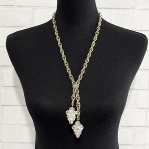 VTG Aurora Borealis Crystal Beaded Cluster Double Drop Gold Tone Lariat Necklace - Picture 1 of 10